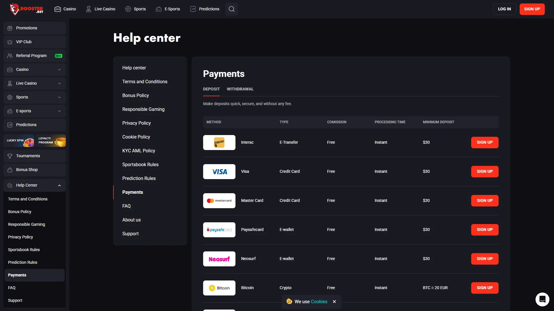 Rooster Bet cashier: deposit and withdrawal options